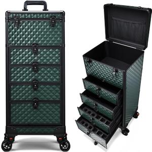 Yueieoun Nail Salon Cart with 4 Drawers,Rolling Makeup Train Case for Beauty,Cosmetology Case on Wheels Trolley Cart,Lockable Organizer Travel Case for Manicure/Face Painting/Hairstylist,DARK GREEN