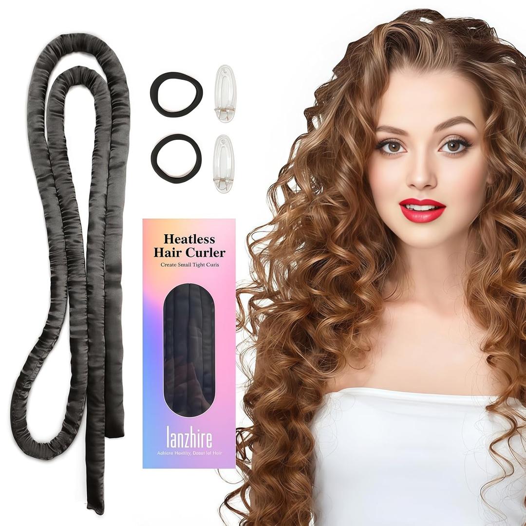 Lanzhire No Heat Overnight Curling Headband for Long and Short Hair - Thin Heatless Curlers to Sleep In (Black)
