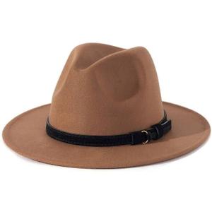 Lisianthus Men & Women Vintage Wide Brim Fedora Hat with Belt Buckle (Medium, Z Black Belt-khaki)