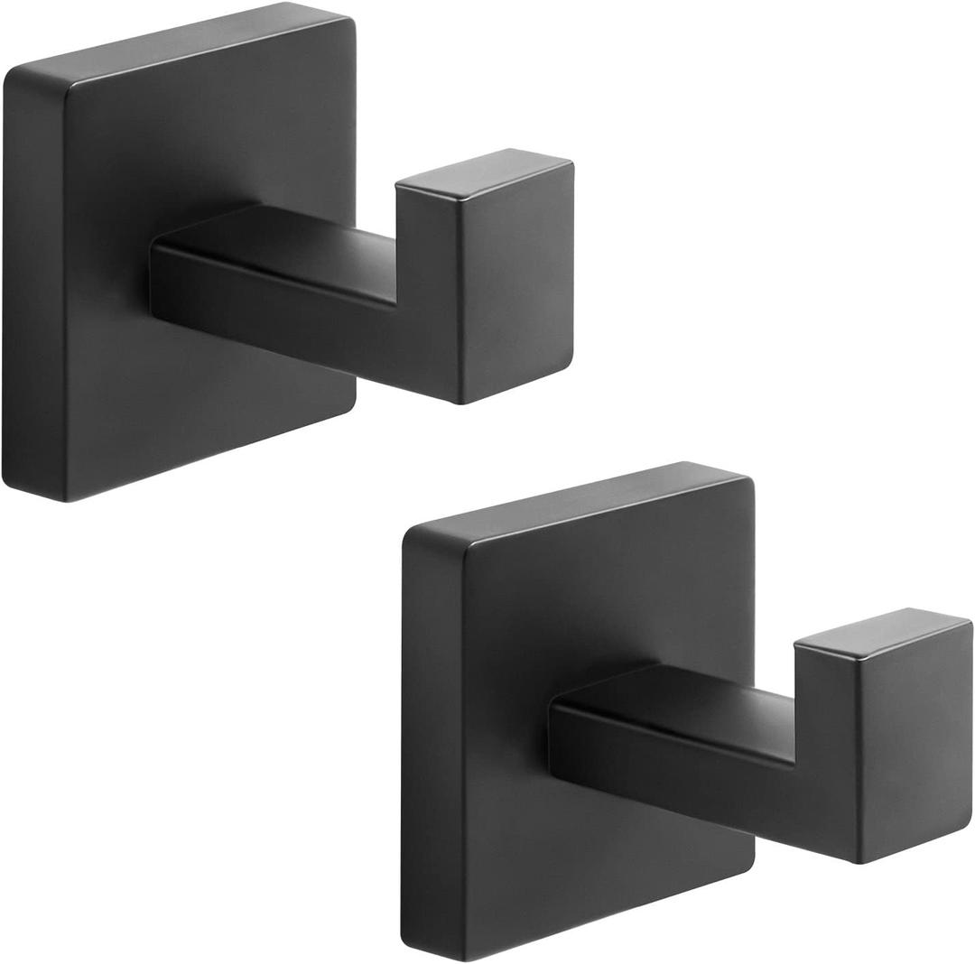 Heavy Duty Stainless Steel Towel Hooks, Wall Mounted Square Robe Hooks for Bathroom, Kitchen, Bedroom, Hotel Matte Black 2 Pack