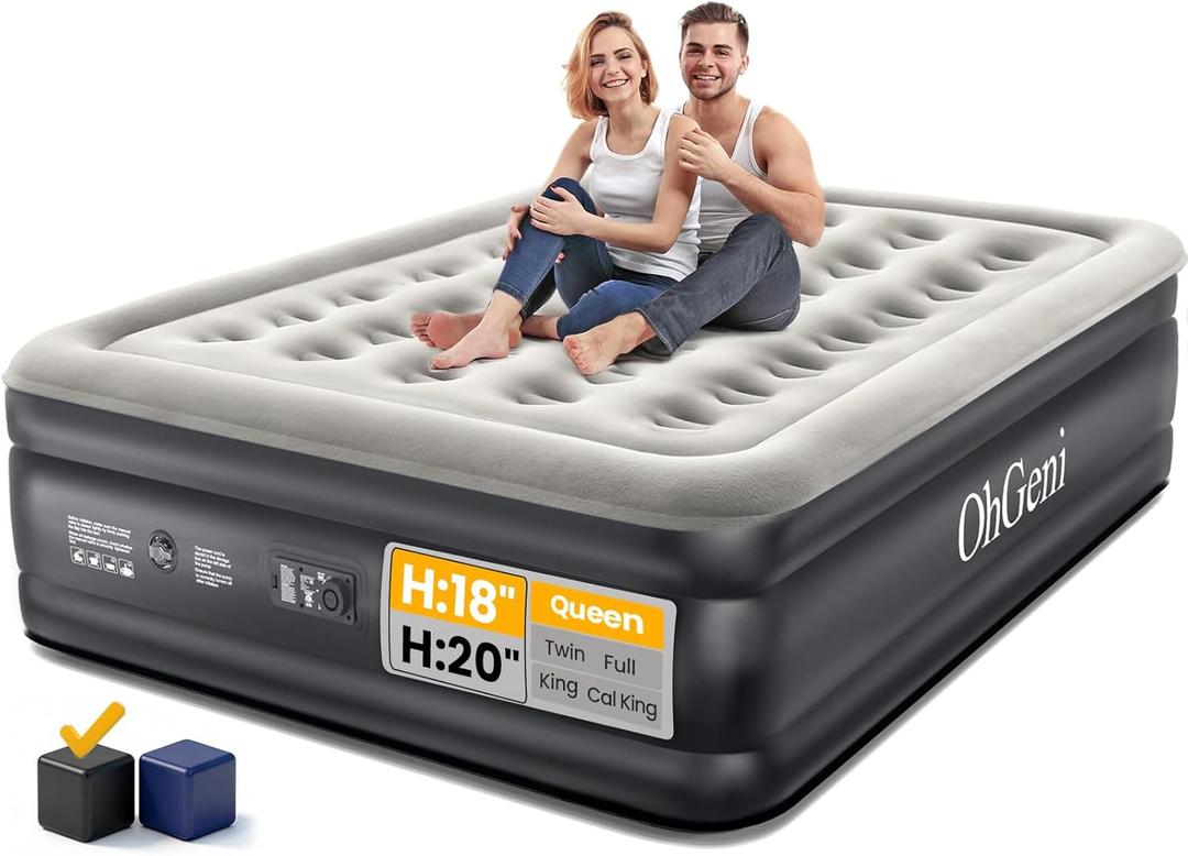 OhGeni Queen Air Mattress with Built in Pump, Inflatable Mattress Blow Up Bed 18 Raised Comfort,Upgraded Surface Portable Mattress, Air Bed for Camping, Home and Guest, Colchone Inflable, 650 lbs Max
