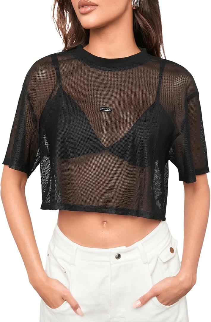 SHENHE Women's Sheer Mesh Top Crew Neck Short Sleeve Loose Fit Crop Tee Shirt Top (Black) S
