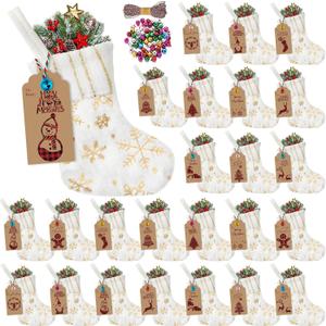 24 Set Mini White Christmas Stockings Set with Gold Sequin Snowflake 6 Inch Faux Fur Xmas Hanging Bulk Stocking Small Plush Xmas Stocking with Christmas Kraft Gift Tags