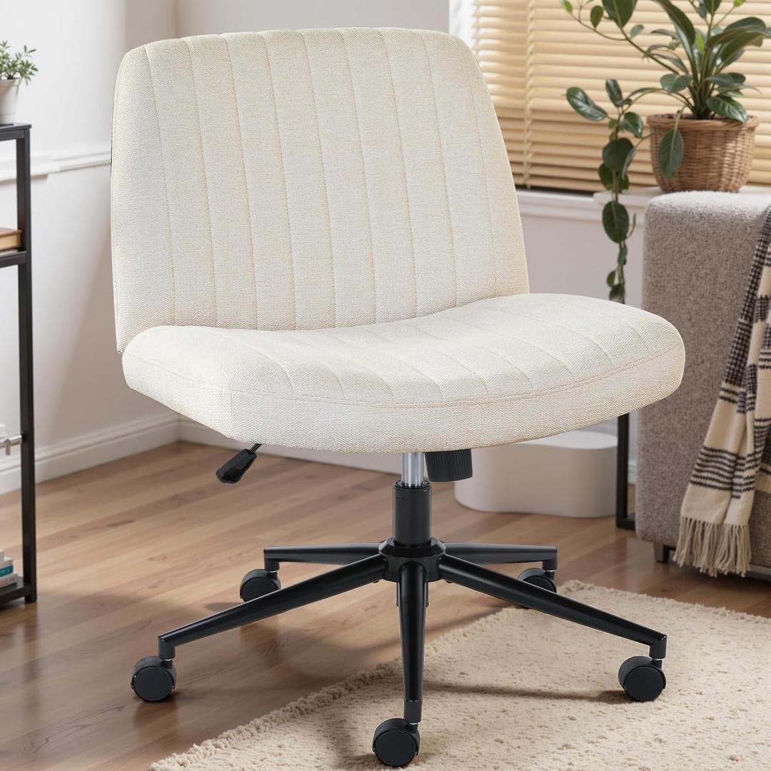 DUMOS Criss Cross Chair with Wheels, Wide Cross Legged Office Desk Vanity Chairs, Fabric Armless Adjustable Swivel Chairs for Home Computer Task, Beige