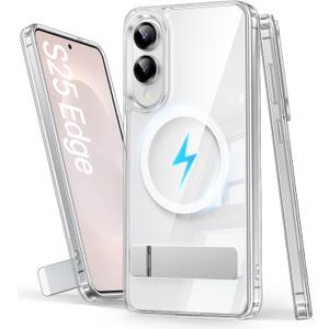 Magnetic for Samsung Galaxy S25 Edge Case, Built-in Kickstand [Non-Yellowing] [Compatible with MagSafe] Shockproof Full Body Protective Cover Transparent Phone Case for Galaxy S25 Edge, Clear
