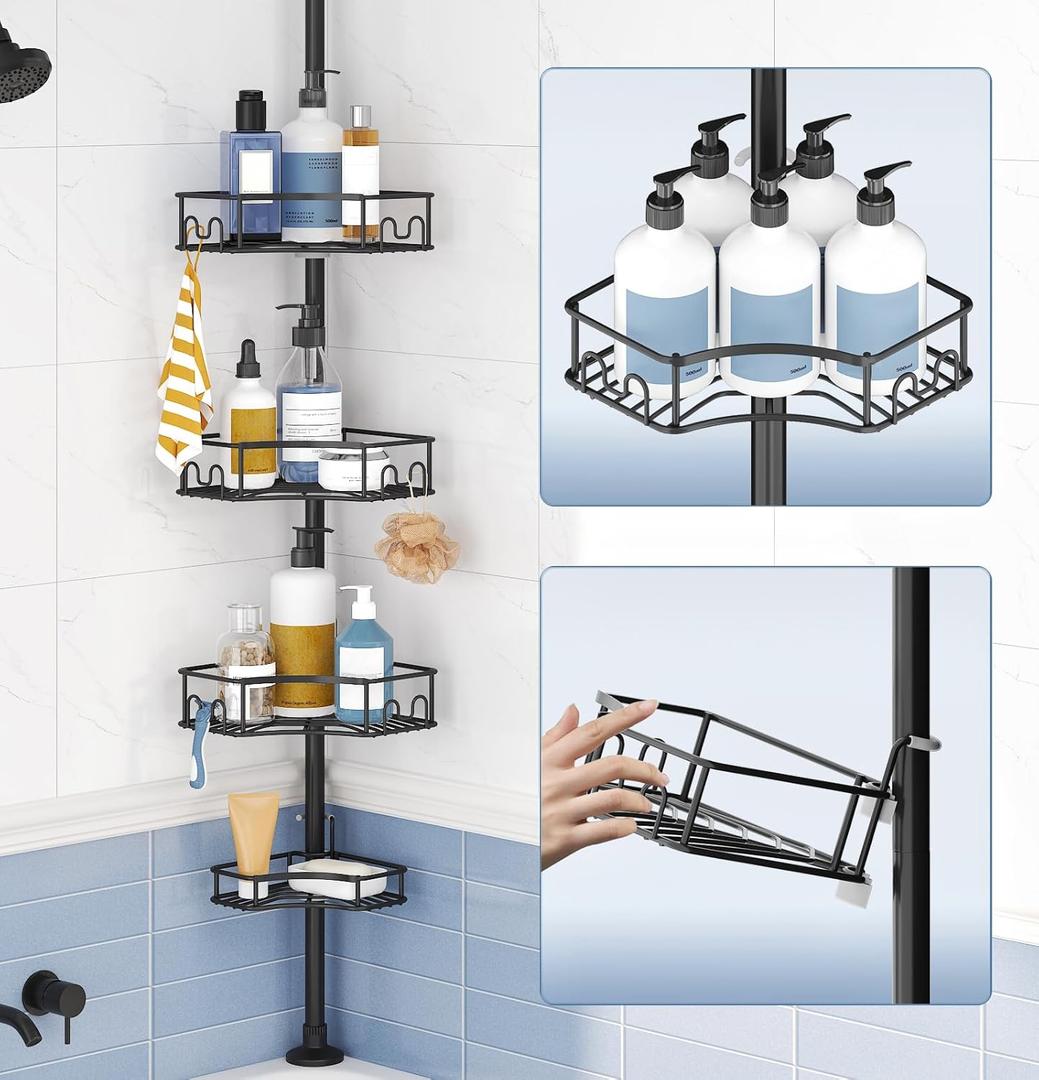 SEIRIONE Corner Shower Caddy Tension Pole, 4-Tier Rust-Free Shower Organizer Corner, Adjustable Shelf for Bathroom Storage, Easy-Install Standing Rack, 39 to 113Inch, Black