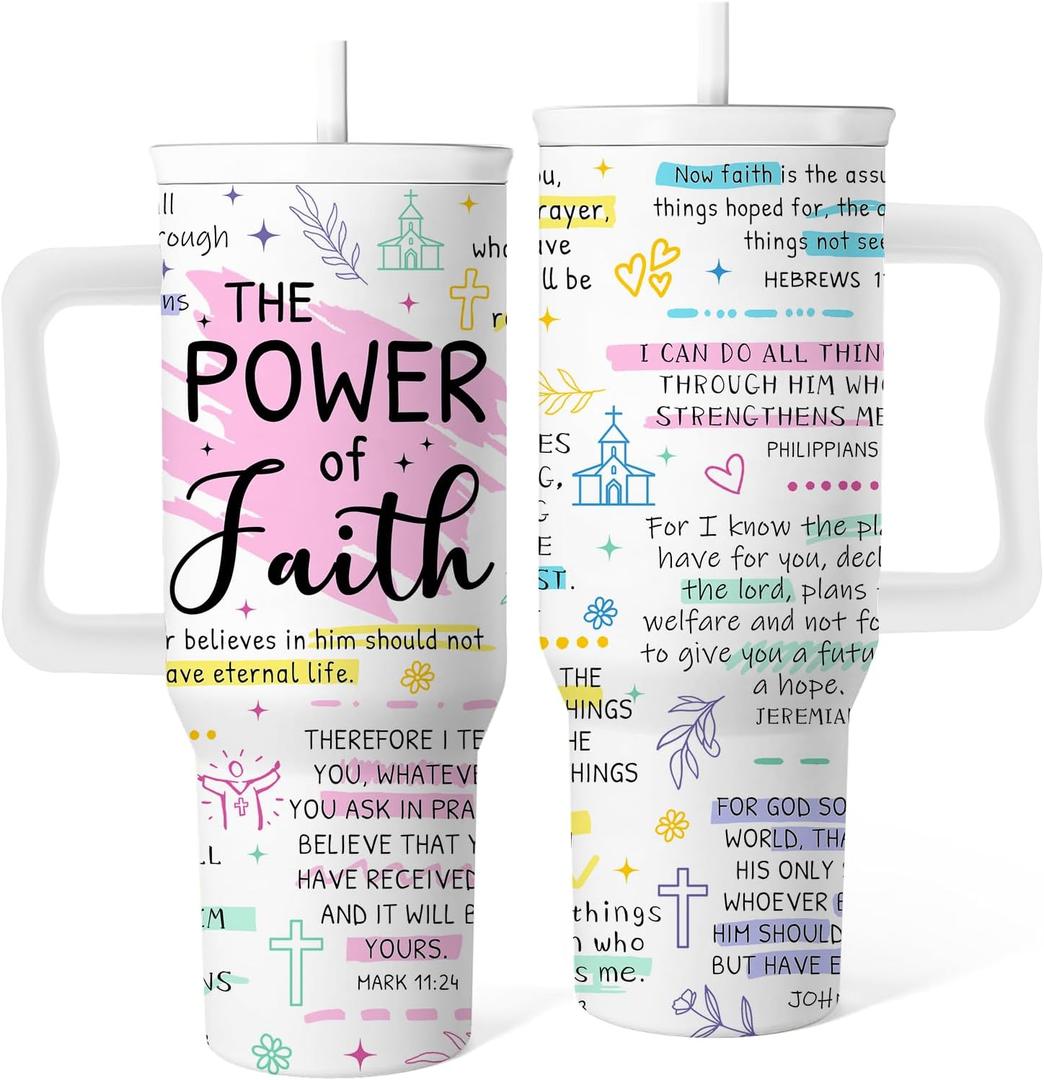 Christian Tumbler With Handle 40 Oz, Inspirational Christmas Tumbler For Women, Christian Gifts For Women Mom Wife Friends Coworkers, Christmas Coffee Insulated Cup (Faith)