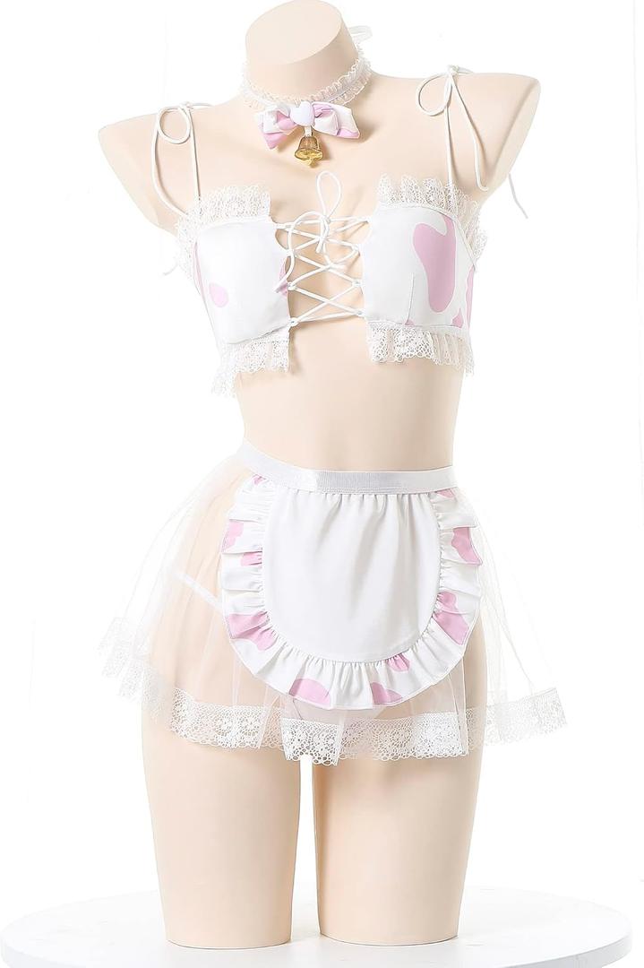 SINROYEE Womens Sexy Cow Cosplay Bikini Lolita Maid Outfit Kawaii Bra and Panty Set Japanese Anime Lingerie, ONE SIZE