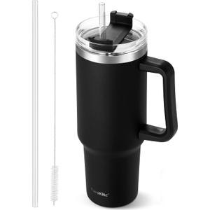 TaroKitc 40 oz Tumbler with Handle | Stainless Steel Insulated Travel Mug Iced Coffee Cup with Lids and Straw | Keeps Drinks Cold for 34 Hours | Dishwasher Safe, BPA Free | BLACK