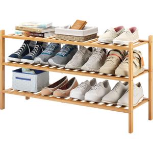 Long Shoe Rack, 3-Tier Bamboo Stackable Shoe Shelf Storage Organizer, Shoe Stand for Closet, Entryway and Hallway