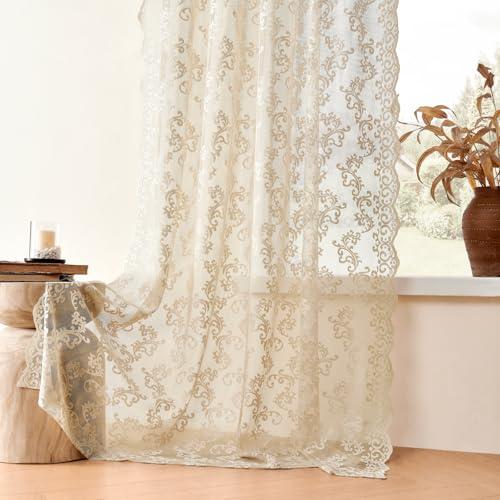 2 x Joywell Beige White Back Tab Rod Pocket Linen Curtains 108 Inches Long 2 Panels for Living Room Bedroom Neutral Boho Farmhouse Rustic Light Filtering Semi Sheer Curtains Window Treatment 52x108