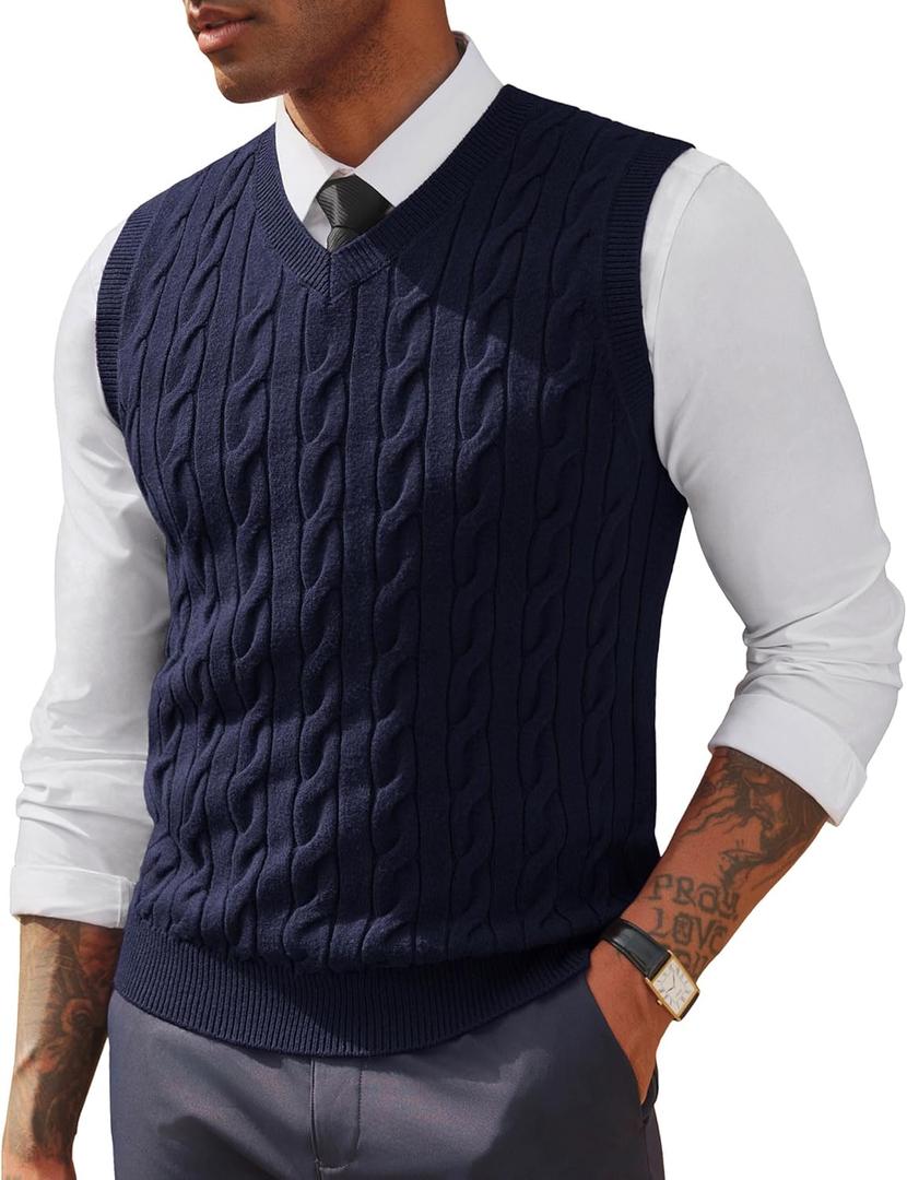 PJ PAUL JONES Men's Sweater Vests V Neck Cable Twist Knit Sleeveless Vests Casual Pullover Sweater (Large)