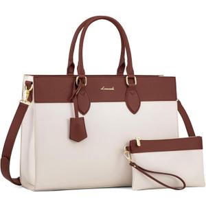 LOVEVOOK Laptop Tote Bag for Women, 15.6 inch Work Bag Purse, Waterproof Leather Women Business Office Briefcase, Beige-Brown