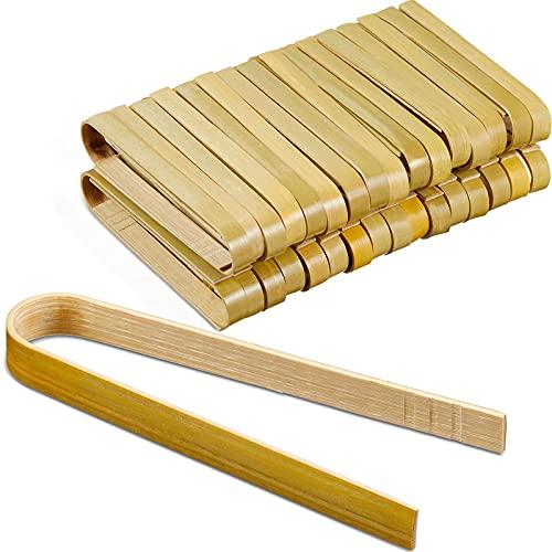 Patelai 90 Pieces Mini Bamboo Tongs Long Toast Tongs Disposable Wooden Cooking Bamboo Cooking Utensils for Toast Bread Pickles Tea Toaster Supplies (4 Inch)