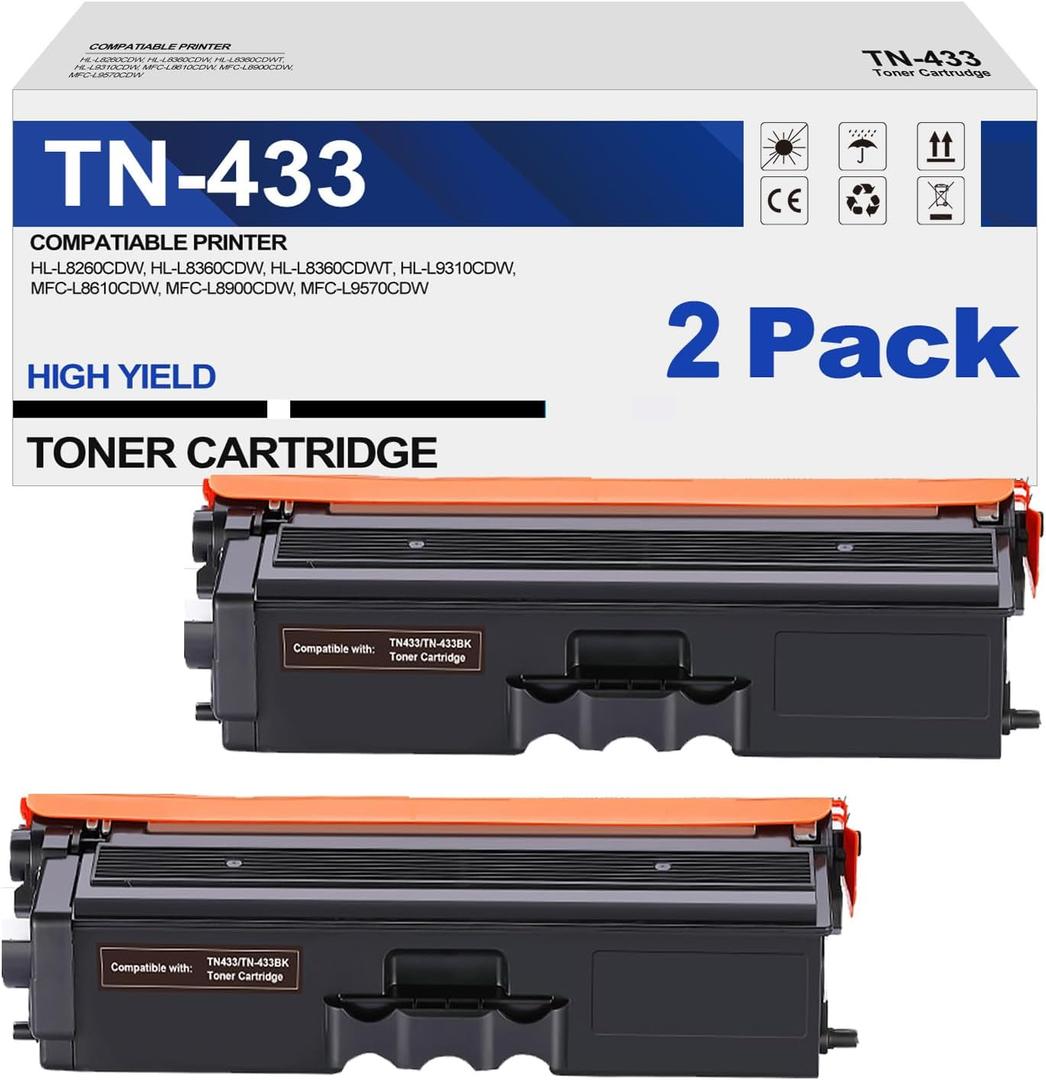 Compatible Toner Cartridge Replacement for Brother TN433BK TN433 TN431BK TN-433 TN436BK for HL-L8260CDW HL-L8360CDW MFC-L8900CDW MFC-L8610CDW MFC-L8690CDW Printer (Black, 2Pack)