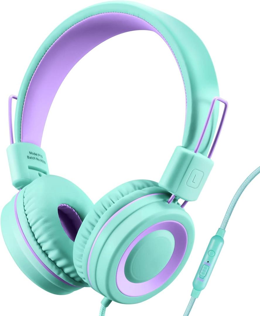 POWMEE P10 Kids Headphones with Microphone Stereo Headphones for Children Boys Girls, Adjustable 85dB/94dB Volume Control Foldable On-Ear Headphone with Microphone for School/PC/Cellphone(Green)