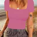 Chunpin Women's Sexy Square Neck Short Sleeve Bodysuit Tops Double Lined Slim Fitted Thong Body suit (Pink, L)