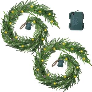 Real Touch Norfolk Pine Garland Faux Christmas Garland Pre Lit Artificial Pine Greenery Garlands with Warm White LED Lights for Xmas Holiday Wedding Party Outdoor Decorations (2 Pcs,9 Feet)