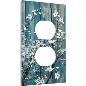 Decorative Outlet Covers White Flowers Blue Wood Plank Farmhouse Country 1 Gang Wall Plate Receptacle Duplex Light Switch Cover Plate Single Dual Plug Covers Electrical Switchplate