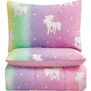 3-Piece Unicorn and Stars Glow in The Dark Comforter Set, with 1 Full Bed Size Comforter and 2 Standard Pillowcases, Rainbow Colors, Pink, Multicolored, for Kids, Full
