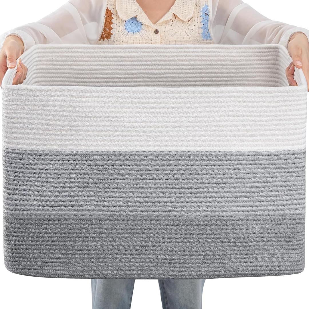 OIAHOMY 108L Large Cotton Rope Basket, Rectangle Woven Baskets for Storage, Nursery Blanket Storage Living Room, Toy Basket With Handle-25x16x16-Gradient Grey