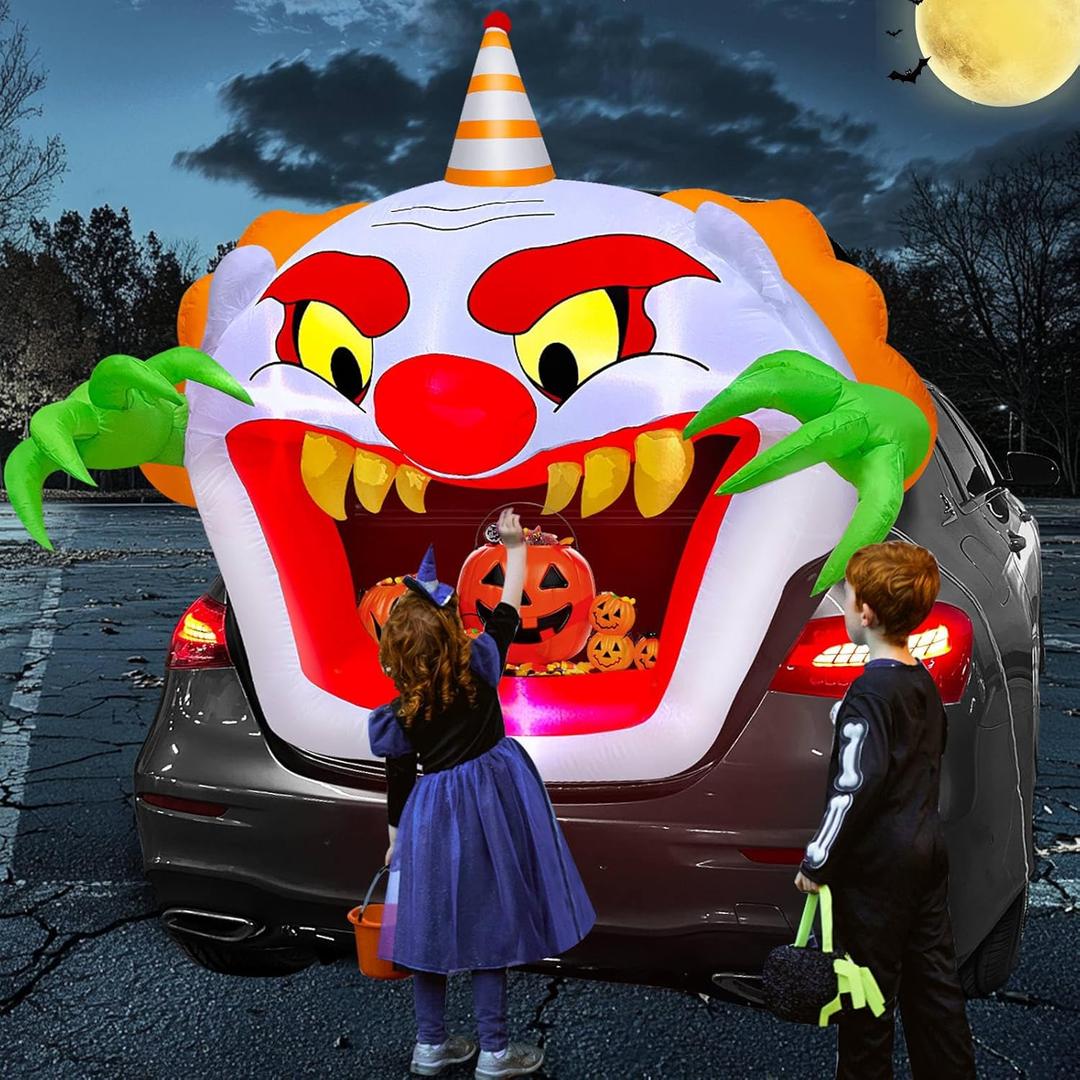 TURNMEON 4 Ft Inflatable Outdoor Decorations, Trunk Or Treat Car Decoration with Built-in LEDs, Halloween Blow Up Clown Open Mouth for Car Decor, Yard Decoration
