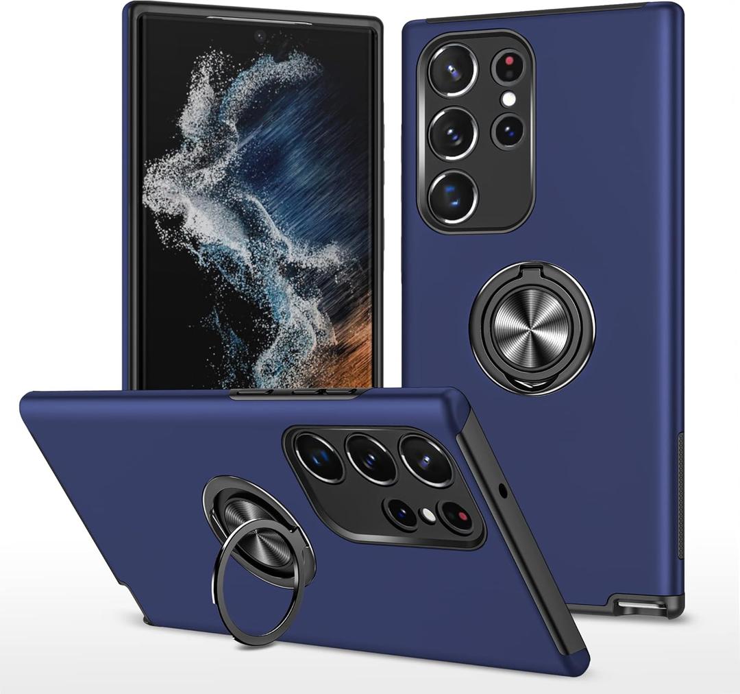 Phone Case for Samsung Galaxy S23 Ultra Slim Magnetic Cute Cover with Metal Ring Stand, Minimalist Aesthetic Solid Color Heavy Duty Rugged Shockproof Cover for Women Men (Navy Blue)