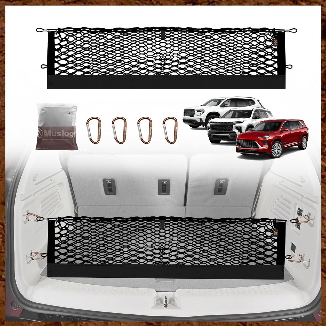 Muslogy Envelope Style Trunk Cargo Net Compatible with 2024 2025 2026 GMC Acadia & Chevy Traverse & 2025 2026 Buick Enclave Accessories Upgraded Mesh Storage Luggage Net with Metal Hooks
