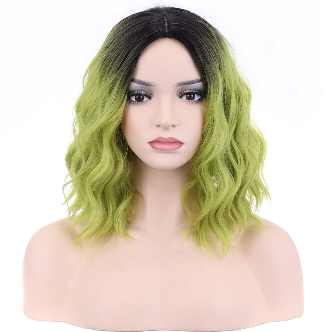 MAGQOO Green Wig for Women Green Wig Short Curly Wavy Hair Wig Dark Roots Two Tones Middle Part Synthetic Heat Resistant