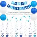 Happy Birthday Decorations, Blue Birthday Party Decorations Set with Happy Birthday Banner, Paper Lanterns, Star Swirl Hanging Decorations & Circle Dots Garland