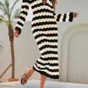 Saodimallsu Womens Crochet Summer Maxi Dress Striped Sexy Cut Out V Neck Long Sleeve Knit Cover Up Beach Dresses (S)