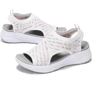 GoodValue Womens Comfortable Orthopedic Sandals Arch Support Ladies Walking Sport Athletic Sandals Open Toe Slip On Plantar Fasciitis Platform Dress Sandal 2 Inches Heel (6.5, Colorful White)