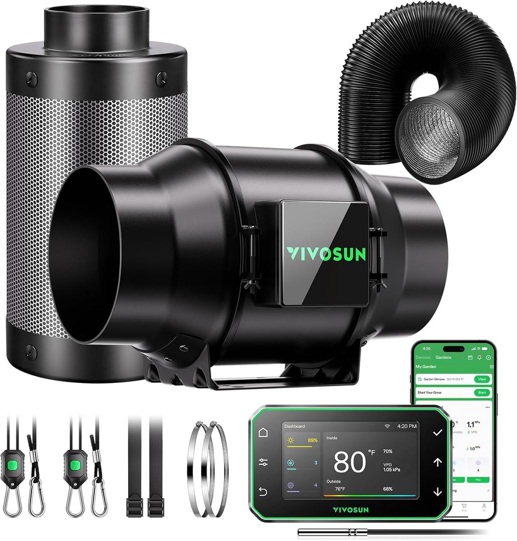 VIVOSUN G6 Smart Filtration Kit, Inline Fan, Controller, Carbon Filter,Duct
AeroZesh Inline Fan, E42A+ Enviroment Controller, Filter & Ducting, Cooling Ventilation, Grow Tent, Indoor Grow, Hydroponic