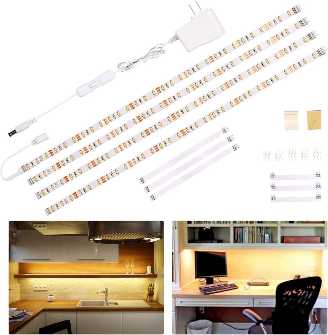WOBANE Under Cabinet Lighting Kit,Flexible LED Strip Lights Bar,Under Counter Lights for Kitchen,Cupboard,Desk,Monitor Back,Shelf,6.6 Feet Tape Light Set,ETL Listed,120 LEDs,1100lm,2700K WarmWhite (6.6 ft (4 Panel, White))