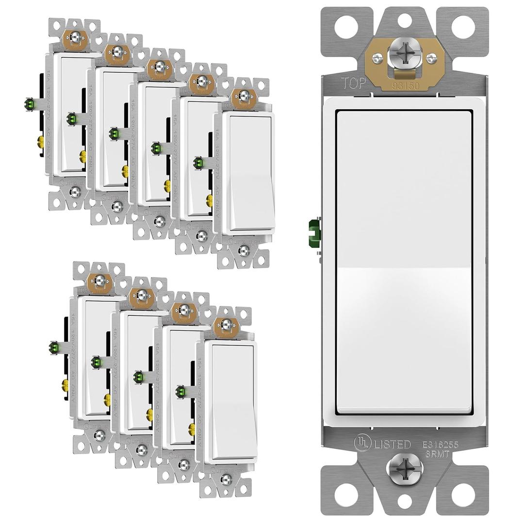 ENERLITES 3-Way Decorator Paddle Rocker Light Switch, Gloss Finish, Single Pole or Three Way, 3 Wire, Grounding Screw, Residential Grade, 15A 120V/277V, UL Listed, 93150-W-10PCS, White (10 Pack) (Wall Plate Not Included)
