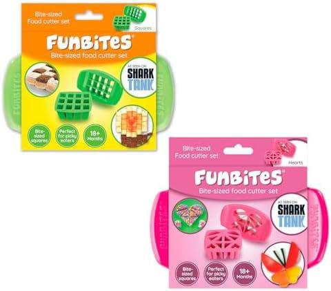 FUNBITES Sandwich Cutter for Kids Lunch, Mini Cookie Cutters, Bento Box Accessories, Cuts Food into Bite-Size Shapes for Toddler Lunch, Great for picky eaters - Green Squares/Pink Hearts 2pk