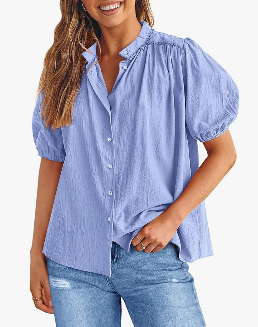 PRETTYGARDEN Women's Summer Button Down Shirts Short Lantern Sleeve V Neck Cotton Cute Dressy Casual Ladies Tops Blouses M