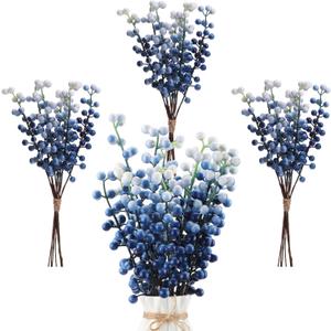 Crowye 40 Pcs 11.81 Inch Artificial Berry Picks with Stems Fake Faux Berry Picks Ornaments for DIY Craft Home Anniversary Wedding Holiday Party Decor(Blue and White)