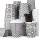 JOLLY PARTY [100 Sets] 12 oz Paper Coffee Cups, Disposable Coffee Cups with Lids, Sleeves and Straws, Hot Cold Beverage Drinking Cup for Water, Coffee or Tea, To-Go Cup Suitable for Office and Travel