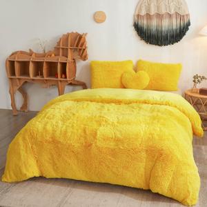 MEGO Luxury Shaggy Faux Fur Duvet Cover Set, Soft 3 PCS Fluffy Comforter Cover Set, Fuzzy Bedding Set King Size Quilt Cover(1 Plush Furry Duvet Cover + 2 Pillowcases), Zipper Closure(King, Yellow)