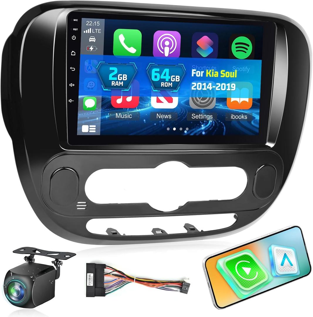 NHOPEEW Car Stereo for Kia Soul 2014-2019, [2+64G] 9 inch HD Touchscreen Android Radio - Wireless Carplay and Android Auto, DSP, WiFi, GPS, Mirror Link, FM/RDS Radio, SWC + AHD Backup Camera