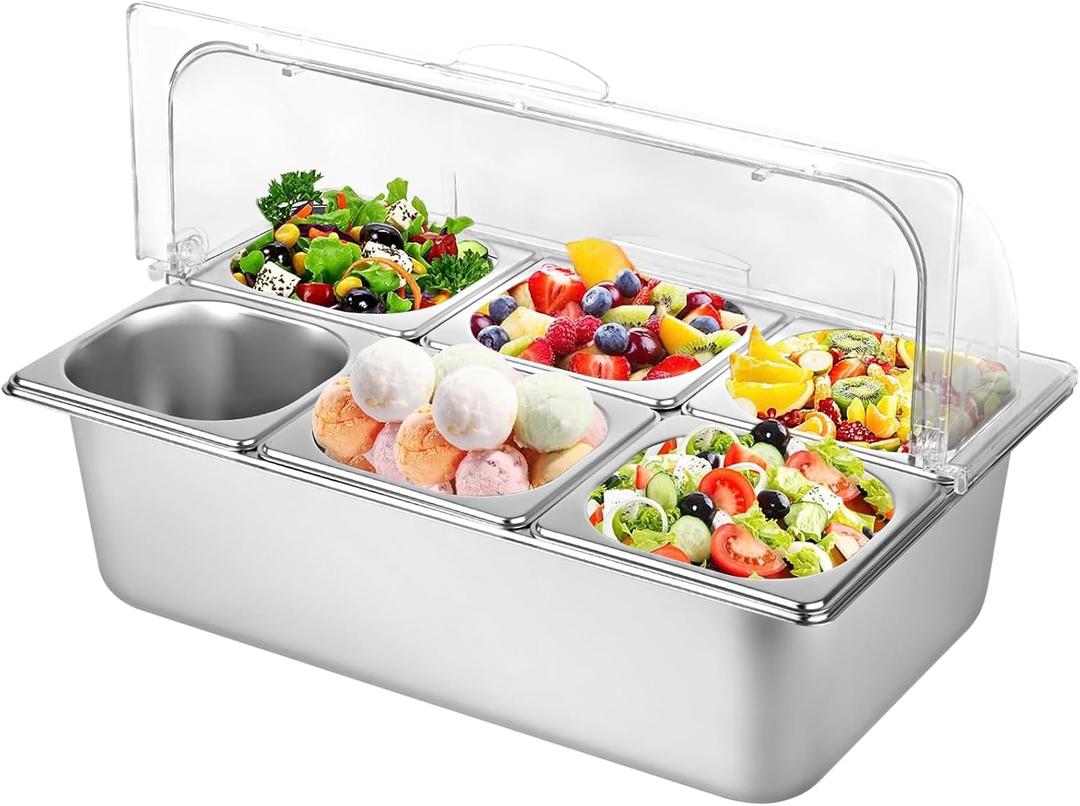 Countertop Food Serving Display Container with Clear Lid, Stainless Steel Serving Tray Catering Supplies Buffet Display Condiment Container for Restaurant Hotel Kitchen (6 Pan)