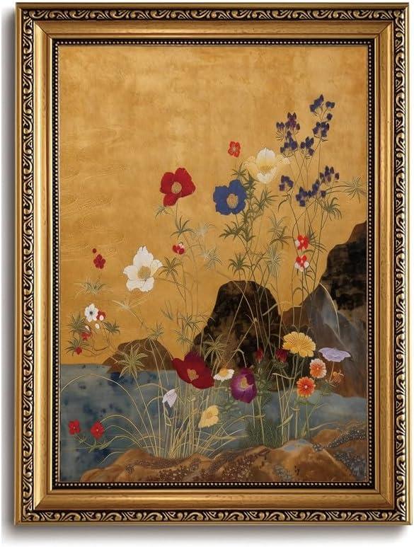 Chinoiserie Wall Art Gold Framed, Chinese Botanical Canvas Print 16x24 Inch