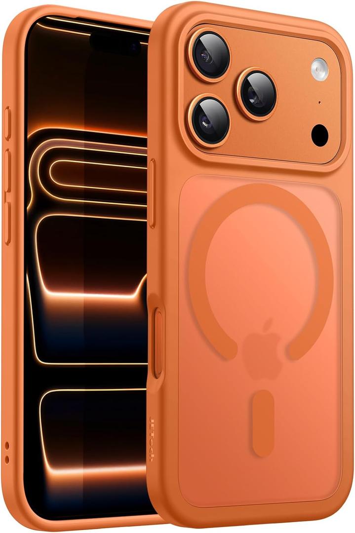 JETech Magnetic Case for iPhone 17 Pro Max 6.9-Inch Compatible with MagSafe, Shockproof Slim Phone Cover with Built-in Camera Control Button, Matte Translucent Back (Orange)