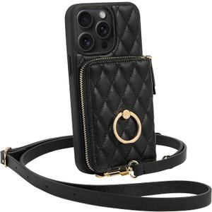 ZVE for iPhone 15 Pro Max Wallet Case for Women, Crossbody Wrist Strap Protective Leather Lanyard with Ring Holder Flip Cover 6.7 Inch-Black