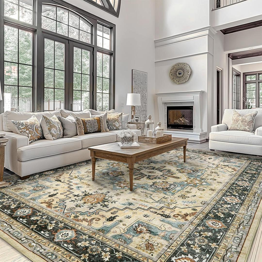 Area Rugs for Living Room 10x14 - Extra Large Machine Washable Vintage Oriental Soft Rug, Low Pile Thin Carpet with Non Slip Backing for Bedroom, Dorm, Dining Room, Indoor House, Office (Gray Green/Brick)