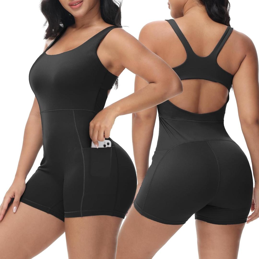 Wenlia Women's Shorts Jumpsuits with 2 Pockets Raceback Sleeveless One Piece Bodysuit Square Neck Sexy Yoga Workout Romper, S