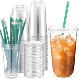 Baderke 25 Set Plastic Cups with Lids and Straws, Disposable Plastic Iced Coffee Cup for Cold Beverage Juice Smoothie Crystal for Coffee Shops Party Catering(Clear,18 oz)