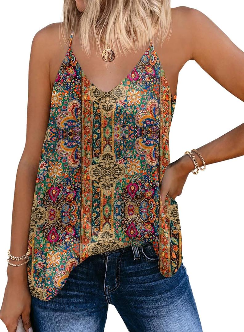 SUNAELIA Chiffon Cami V Neck Tank Tops for Women Loose Fit Flowy Spaghetti Strap Camisole Summer Casual Sleeveless Shirts (Large, Multicolor 721)