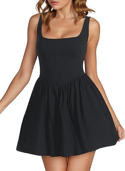 Women's Summer Sleeveless A Line Square Neck Pleated Ruffled Y2k Mini Dress S Black
